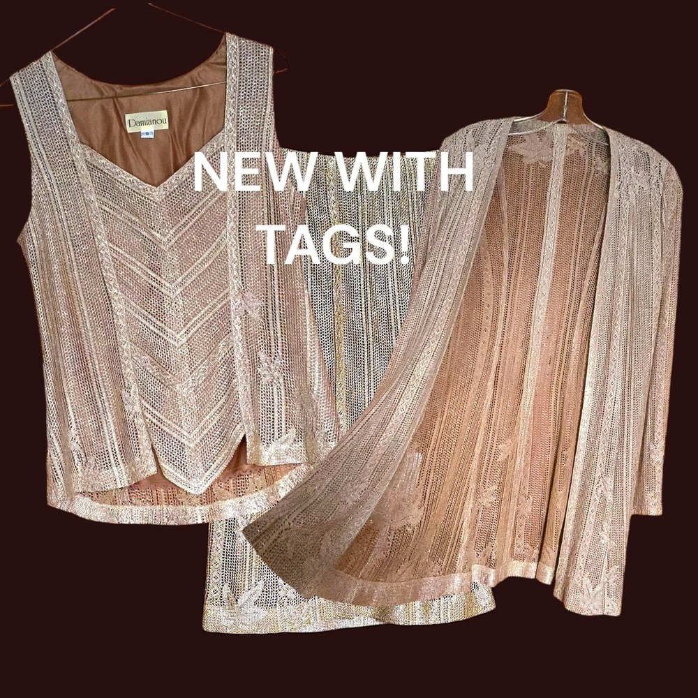 New Vintage Damianou Golden‎ Knit 3 PC Set Skirt Jacket Top S Deco Look